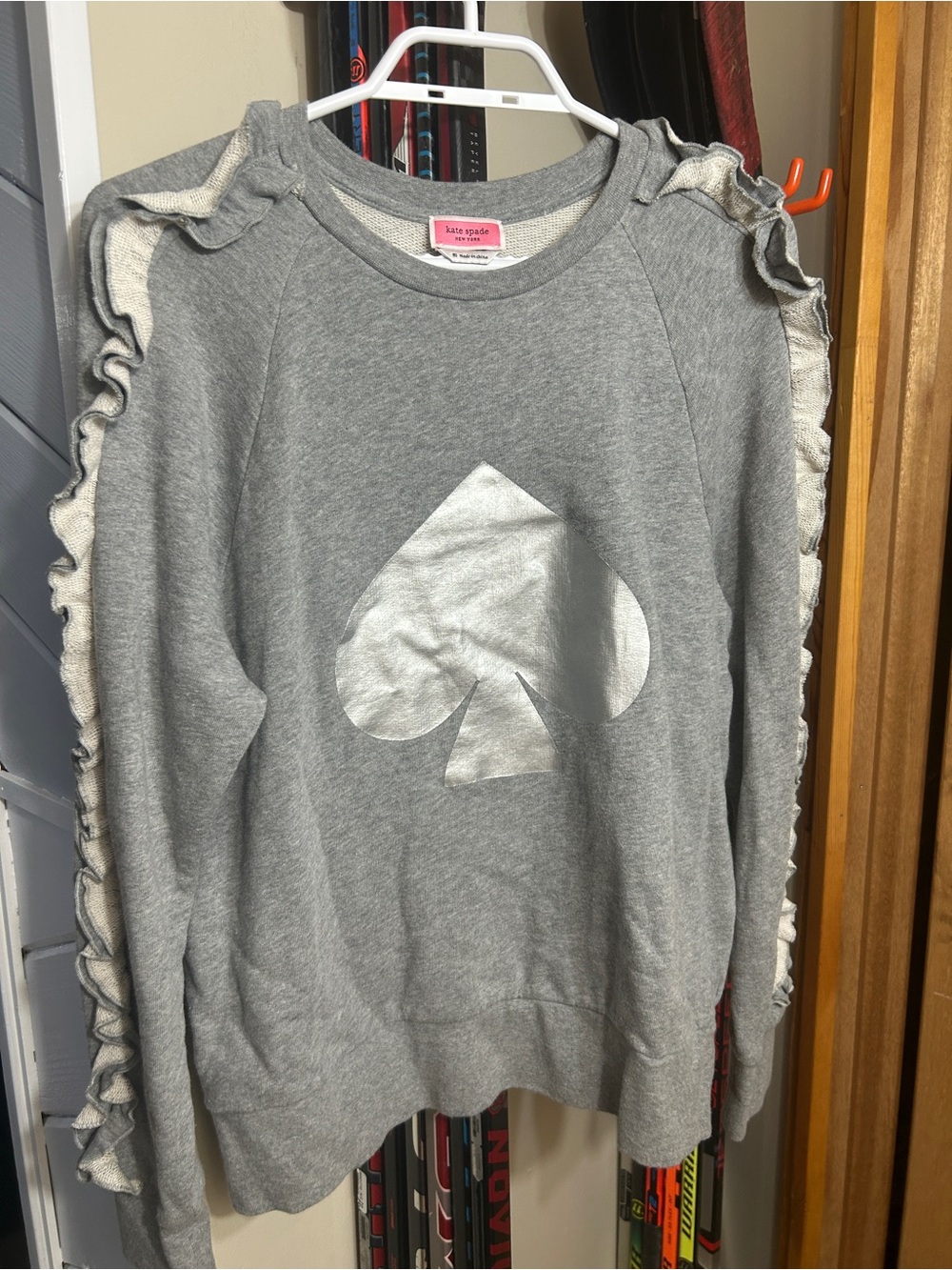 kate spade Gray Ruffle-Trim Sweatshirt with Silver Spade